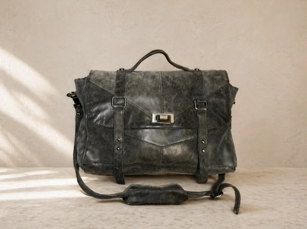 Tylie Malibu Y2K Black Olive Leather Laptop Messenger Bag Purse Hobo Designer